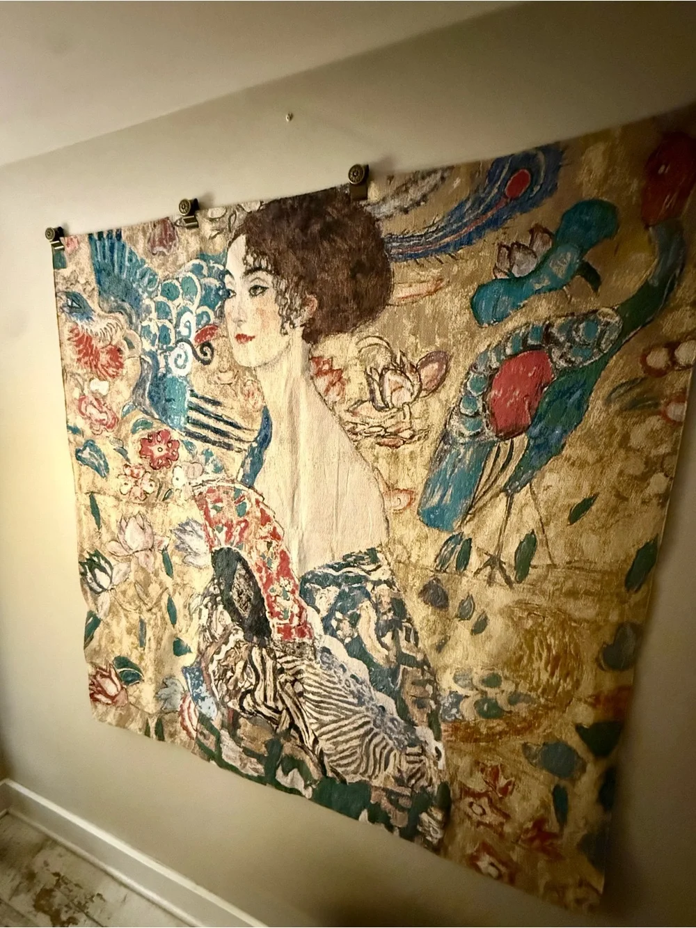 Decorative Wall Tapestry Art in Cream, Blue & Red